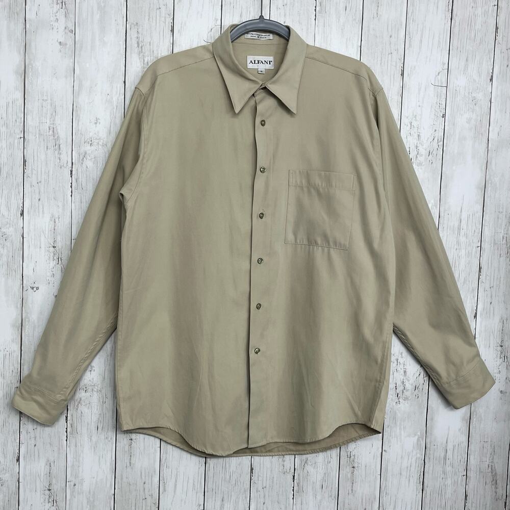Vintage Alfani Tan Button Up Shirt Medium M 90s Minimalist Office Siren Chic
